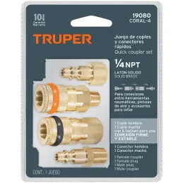 Juego de Acoples y Conectores de Laton 4 Piezas, Conexion Rapida, 1/4 NPT, CORAL-4 19080 Truper Truper-Juego de Acoples y Conect