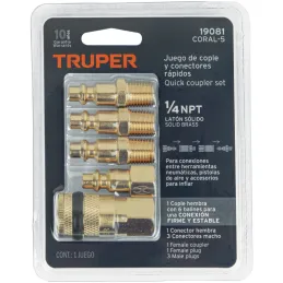 Juego de Acople F y Conectores de Laton 5 Piezas, Conexion Rapida, 1/4 NPT, CORAL-5 19081 Truper Truper-Juego de Acople F y Cone