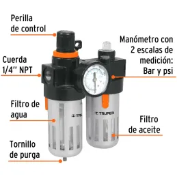 Filtro de Limpieza y Lubricacion, Elimina contaminantes Solido y Liquidos Max 140 PSI, 1/4 NPT, UNI-LL-1/4 19238 Truper Truper-F
