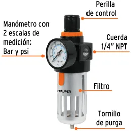 Filtro y Regulador de Aire, Elimina Contaminantes Solido y liquidos, Max Presion 140 PSI, 1/4 NPT, FIRE-1/4 18238 Truper Truper-