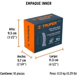 Teflon Sella Roscas 1/2" x13m E0.075mm sellar y prevenir fugas Truper 12512 Truper-Teflon Sella Roscas 1/2" x13m E0.075mm sellar