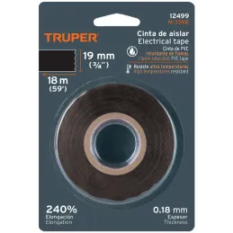 Cintas Aislantes Negro 18m x 19 mm, Adhesivo acrilico Espesor 0.15mm, Flexible en Blister, M-33NB 12499 Truper Truper-Cintas Ais