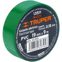 Cintas Aislantes 19mm x9m Verde acrilico E0.18mm Flexible Encogible Truper 13511 Truper-Cintas Aislantes 19mm x9m Verde acrilico