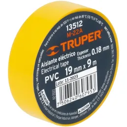 Cintas Aislantes 19mm x9m Amarillo acrilico E0.18mm Flexible Encogible Truper 13512 Truper-Cintas Aislantes 19mm x9m Amarillo ac