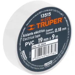 Cintas Aislantes 19mm x9m Blanco acrilico E0.18mm Flexible Encogible Truper 13515 Truper-Cintas Aislantes 19mm x9m Blanco acrili