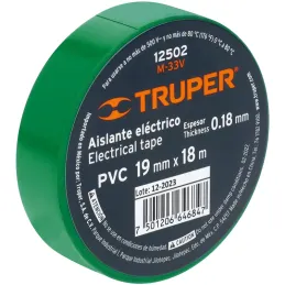 Cintas Aislantes 19mm x18m Verde Acrilico E0.18mm Flexible Encogible Truper 12502 Truper-Cintas Aislantes 19mm x18m Verde Acrili