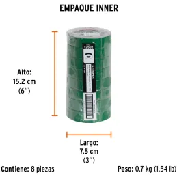Cintas Aislantes 19mm x18m Verde Acrilico E0.18mm Flexible Encogible Truper 12502 Truper-Cintas Aislantes 19mm x18m Verde Acrili