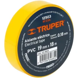 Cintas Aislantes 19mm x18m Amarillo acrilico E0.18mm Flexible Encogible Truper 12503 Truper-Cintas Aislantes 19mm x18m Amarillo 