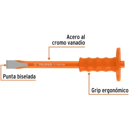 Cincel Plano 12" Cuña 7/8"con Grip, acero al cromo vanadio, protege la mano, C-7/8X12G 12175 Truper Truper-Cincel Plano 12" Cuña