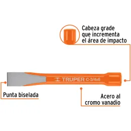 Cincel Plano 6" Cuña 3/4", Acero al cromo Vanadio, Cabeza grande, C-3/4X6 12139 Truper Truper-Cincel Plano 6" Cuña 3/4", Acero a