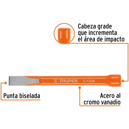 Cincel Plano 6" Cuña 1/2", Acero al cromo Vanadio, Cabeza grande, C-1/2X6 12115 Truper Truper-Cincel Plano 6" Cuña 1/2", Acero a