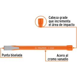 Cincel Plano 6" Cuña 3/8", Acero al cromo Vanadio, Cabeza grande, C-3/8X6 12106 Truper Truper-Cincel Plano 6" Cuña 3/8", Acero a