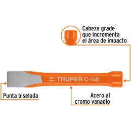 Cincel Plano 8" Cuña 1", Acero al cromo Vanadio, Cabeza grande, C-1X8 12160 Truper Truper-Cincel Plano 8" Cuña 1", Acero al crom
