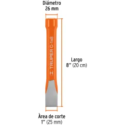Cincel Plano 8" Cuña 1", Acero al cromo Vanadio, Cabeza grande, C-1X8 12160 Truper Truper-Cincel Plano 8" Cuña 1", Acero al crom