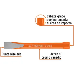 Cincel Plano 8" Cuña 7/8", Acero al cromo Vanadio, Cabeza grande, C-7/8X8 12151 Truper Truper-Cincel Plano 8" Cuña 7/8", Acero a