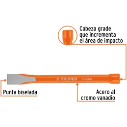 Cincel Plano 8" Cuña 3/4", Acero al cromo Vanadio, Cabeza grande, C-3/4X8 12142 Truper Truper-Cincel Plano 8" Cuña 3/4", Acero a