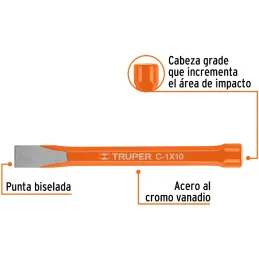 Cincel Plano 10" Cuña 1", Acero al cromo Vanadio, Cabeza grande, C-1X10 12163 Truper Truper-Cincel Plano 10" Cuña 1", Acero al c