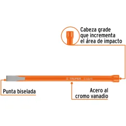 Cincel Plano 10" Cuña 1/2", Acero al cromo Vanadio, Cabeza grande, C-1/2X10 12121 Truper Truper-Cincel Plano 10" Cuña 1/2", Acer