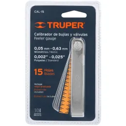 Galgas de Bujia, 15 Hojas, Graduacion 0.05 - 0.63mm Inc. Regla Graduada, en acero al manganeso, CAL-15 14395 Truper Truper-Galga
