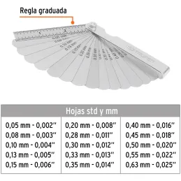 Galgas de Bujia, 15 Hojas, Graduacion 0.05 - 0.63mm Inc. Regla Graduada, en acero al manganeso, CAL-15 14395 Truper Truper-Galga