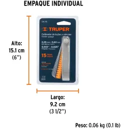 Galgas de Bujia, 15 Hojas, Graduacion 0.05 - 0.63mm Inc. Regla Graduada, en acero al manganeso, CAL-15 14395 Truper Truper-Galga
