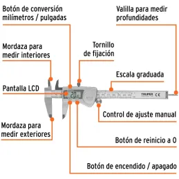 Calibrador Digital Pulgadas y Milimetros 6 o 150mm en acero inoxidable, CALDI-6MP 14388 Truper Truper-Calibrador Digital Pulgada