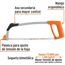 Arco de Sierra Profesional Tubular de acero 12" Mango ergonomico, Posiciones 90 y 180 Grados, ATT-12 10234 Truper Truper-Arco de