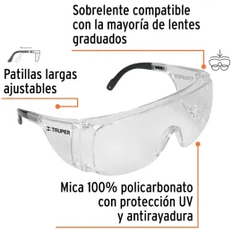 Lentes de Seguridad Sobrelente, 100% Policarbonato con UV Antirayadura, LESO-TR 14308 Truper Truper-Lentes de Seguridad Sobrelen