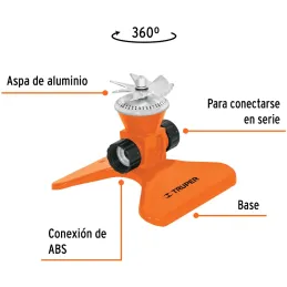 Aspersor base de Acero con Aspas Giratorias 3/4", Alcance 4.25m, conexion en serie, Area 360, 50 PSI, ASP-50 10329 Truper Truper