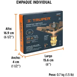 Aspersor Agricola 1", Alcance 15m, Area 360, 90 PSI, ASP-1BR 10317 Truper Truper-Aspersor Agricola 1", Alcance 15m, Area 360, 90