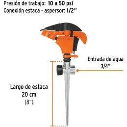 Aspersor Plastico 2 via 3/4", Estaca 21cm, Alcance 8.5m, Area 360, 50 PSI, Para conexion en Serie, ASP-P11X 10339 Truper Truper-