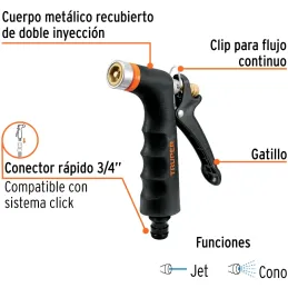 Pistola de Riego 2 Funciones Metalica Resorte inoxidable, Clip par Flujo continuo, PR-201 18475 Truper Truper-Pistola de Riego 2