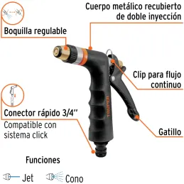 Pistola de Riego 2 Funciones Metalica Boquilla Regulable, Resorte inoxidable, Clip par Flujo continuo, PR-202 18476 Truper Trupe