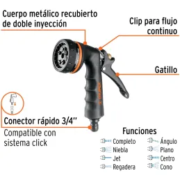 Pistola de Riego 8 Funciones Metalica Resorte inoxidable, Clip par Flujo continuo, PR-208 18477 Truper Truper-Pistola de Riego 8