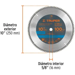 Discos Sierra para Aluminio 10" Centro 5/8", 100 Dientes de carburo de tungsteno, ST-10100A 18313 Truper Truper-Discos Sierra pa