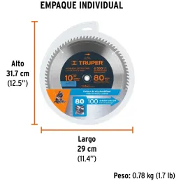 Discos Sierra para Aluminio 10" Centro 5/8", 80 Dientes de carburo de tungsteno, ST-1080A 18310 Truper Truper-Discos Sierra para