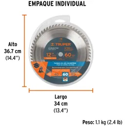 Discos Sierra para Madera 12" Centro 1", 60 Dientes de carburo de tungsteno, ST-1260E 18312 Truper Truper-Discos Sierra para Mad