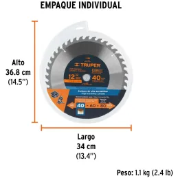 Discos Sierra para Madera 12" Centro 1", 40 Dientes de carburo de tungsteno, ST-1240E 18311 Truper Truper-Discos Sierra para Mad