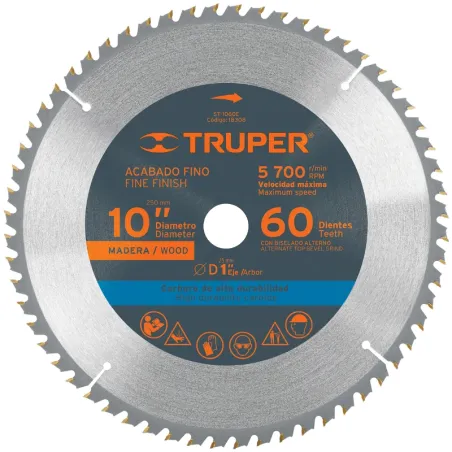 Discos Sierra para Madera 10" Centro 1", 60 Dientes de carburo de tungsteno, ST-1060E 18308 Truper Truper-Discos Sierra para Mad