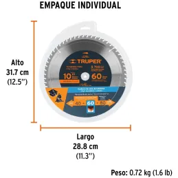 Discos Sierra para Madera 10" Centro 1", 60 Dientes de carburo de tungsteno, ST-1060E 18308 Truper Truper-Discos Sierra para Mad