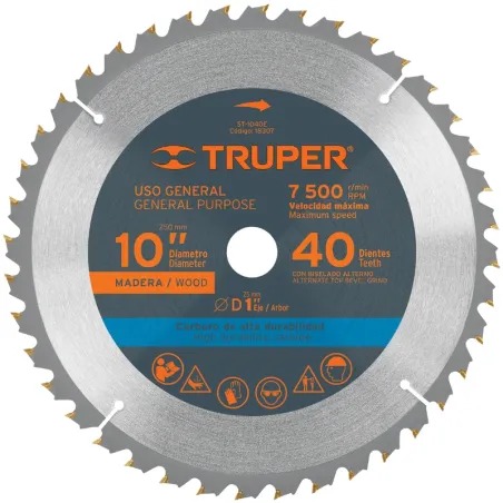 Discos Sierra para Madera 10" Centro 1", 40 Dientes de carburo de tungsteno, ST-1040E 18307 Truper Truper-Discos Sierra para Mad