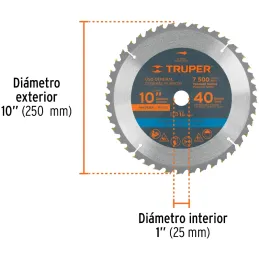 Discos Sierra para Madera 10" Centro 1", 40 Dientes de carburo de tungsteno, ST-1040E 18307 Truper Truper-Discos Sierra para Mad