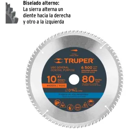 Discos Sierra para Madera 10" Centro 5/8", 80 Dientes de carburo de tungsteno, ST-1080 12683 Truper Truper-Discos Sierra para Ma