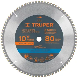 Discos Sierra para Madera 10" Centro 5/8", 80 Dientes de carburo de tungsteno, ST-1080 12683 Truper Truper-Discos Sierra para Ma