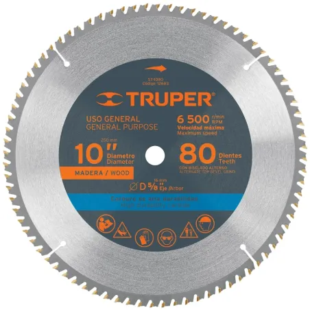 Discos Sierra para Madera 10" Centro 5/8", 80 Dientes de carburo de tungsteno, ST-1080 12683 Truper Truper-Discos Sierra para Ma