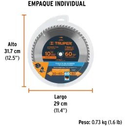 Discos Sierra para Madera 10" Centro 5/8", 60 Dientes de carburo de tungsteno, ST-1060 18306 Truper Truper-Discos Sierra para Ma
