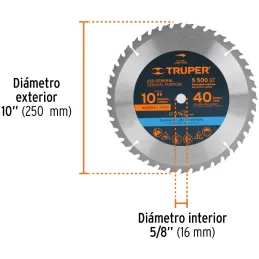 Discos Sierra para Madera 10" Centro 5/8", 40 Dientes de carburo de tungsteno, ST-1040 18305 Truper Truper-Discos Sierra para Ma