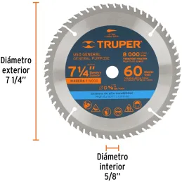 Discos Sierra para Madera 7-1/4" Centro 5/8", 60 Dientes de carburo de tungsteno, ST-760 18324 Truper Truper-Discos Sierra para 