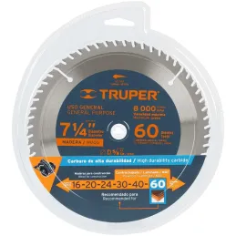 Discos Sierra para Madera 7-1/4" Centro 5/8", 60 Dientes de carburo de tungsteno, ST-760 18324 Truper Truper-Discos Sierra para 