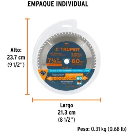 Discos Sierra para Madera 7-1/4" Centro 5/8", 60 Dientes de carburo de tungsteno, ST-760 18324 Truper Truper-Discos Sierra para 